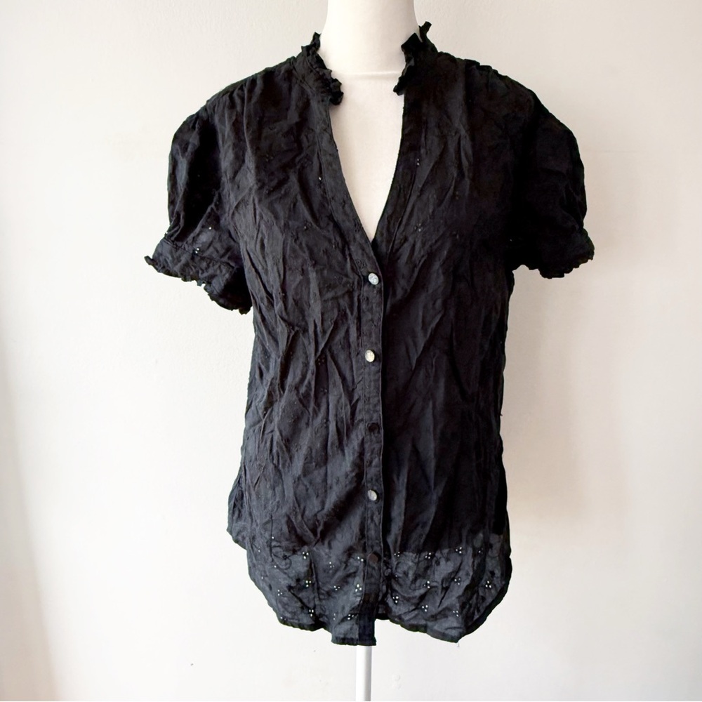 Merona Women Y2K Cotton Eyelet Button Down Top XL Dark Cottage Boho Peasant